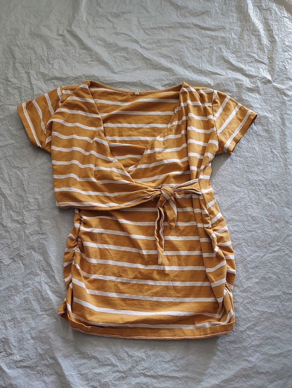 Striped Mustard Tie-Front Short Sleeve Top